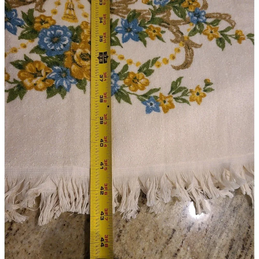 2 Vintage TASTEMAKER Bath Towel MCM Yellow Blue Floral Scroll Fringe Edge 43